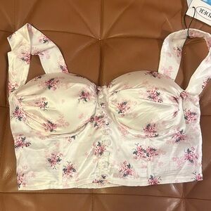 White Floral Bustier Crop Top with Pink Rose Print